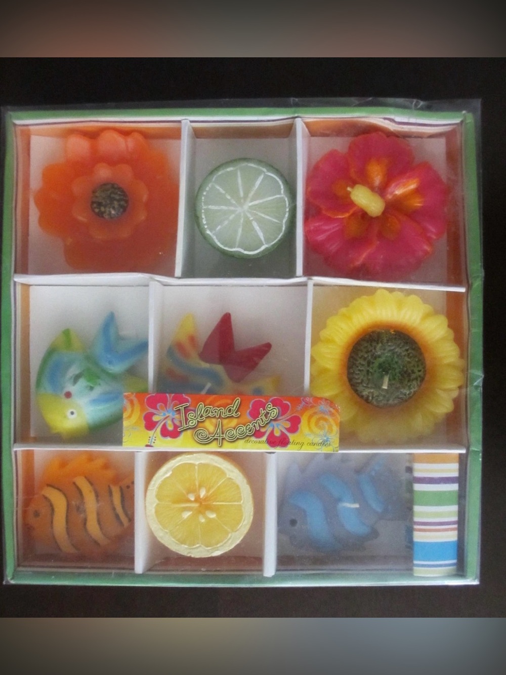 NIP NEW 9pcs Island Scent Decorative Floating Candles Blue Orange Fish Flower